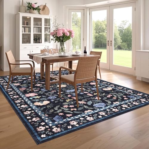 GarveeHome Floral Washable Rug 4x6, Non-Slip Low Pile Botanical Carpet, Vintage Farmhouse Area Rug for Bedroom Nursery Kids Room Home Decor, Dark Grey Blue - color: Dark Grey Blue, size: 4' x 6' (Rectangular)