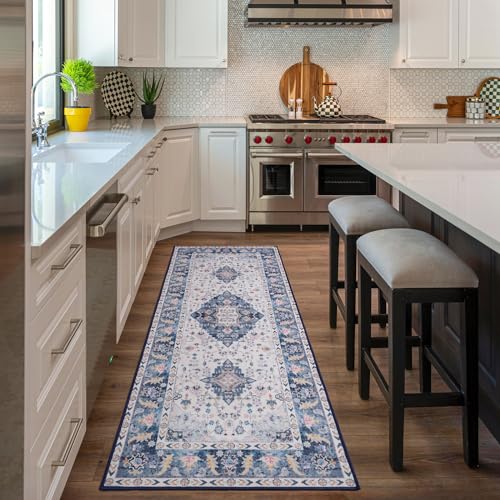 Amearea Vintage Design Runner Rugs for Living Room, 2x6 Machine Washable Floral Collection Traditional Bedroom Rug, Low Pile Cute Kids Room Print Carpet, No Slip Office Kitchen Home Decor, Blue - color: Blue, size: 2' X 6' (Runner)