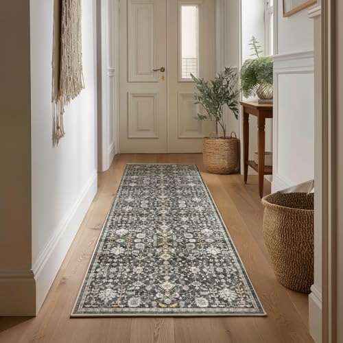 Machine Washable Hallway Runner Rug: 2'x6' Kitchen Rugs Soft Non-Slip Low Pile Vintage Boho Carpet Runners for Indoor Entryway Kitchen Bedside Bedroom Bathroom Farmhouse Decor - color: Black/Gold/Multi, size: 2'x6'