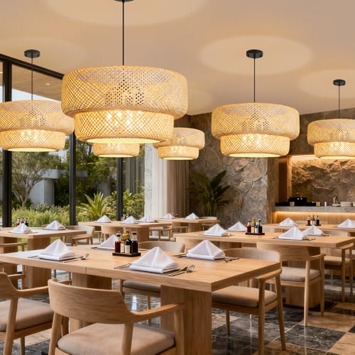 23.65” Farmhouse Bamboo Chandelier 4-Lights Large Hand-Woven Rattan Pendant Light Boho Bamboo Dining Room Lights Fixtures for Bedroom Living Room Restaurant Cafe Kitchen Island - color: Beige-23.65IN