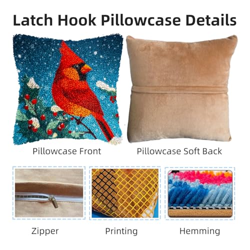 Cardinal Bird on Christmas Red Flower Latch Hook Pillow Kits for Adults DIY Pillow Cover Printed Pillowcase Crochet Yarns Hooking Handmade Cushion for Home Sofa Decor 17x17inch(4) - color: 05-Red Cardinal