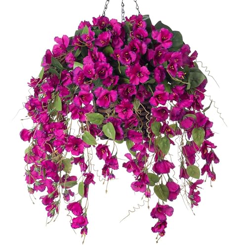 Artificial Fake Hanging Hibiscus Flowers Plants Baskets for Outdoor Decoration, Faux Silk Hibiscus Long Vines in Planter UV Resistant Realistic Flowers for Outside Porch Patio Home Decor(Purple 2) - color: Purple 2