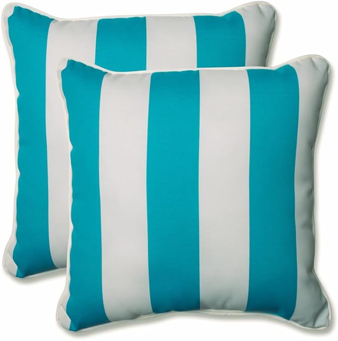 Pillow Perfect Stripe Indoor/Outdoor Accent Throw Pillow, Plush Fill, Weather, and Fade Resistant, Large Throw - 18.5" x 18.5", Blue/White Cabana Stripe, 2 Count