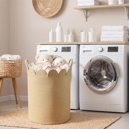 LemonRoad Brown Round Tall Basket Large Blanket Basket 15" L X 15" W X 19.7" H Scalloped Woven Baskets Cotton Storage Baskets for Nursery Classroom Closet Blankets Storage Home Decor - color: Brown, size: 15" L X 15" W X19.7" H