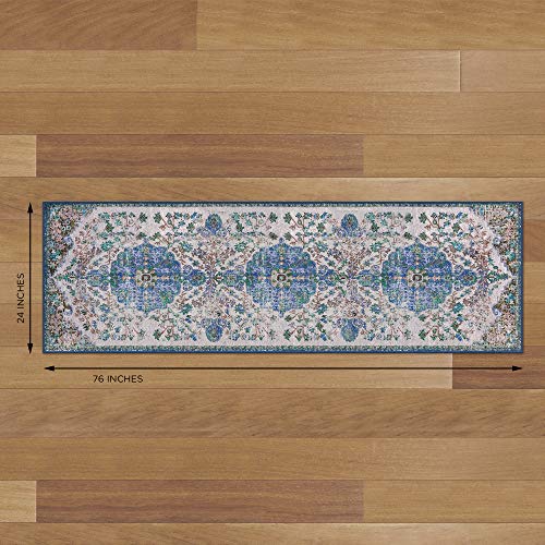 GelPro Nevermove Artisan Accent Machine-Washable Chenille Textured GellyGrippers, 24x76, Taryn Dark Blue (Rug + Comfort Mat)