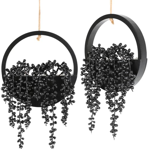 Artificial Hanging Plants Hanging Planter Fake Succulents Artificial String of Pearls with Pot and Lanyard for Home Office Wall Decoration - color: All Black, size: 2 Pcs