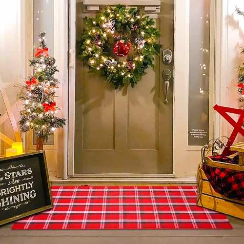 Christmas Red Green White Plaid Rug, 24"x 51" Cotton Hand-Woven Buffalo Check Layered Door Mat for Front Porch, Entryway, Outdoor Holiday Decor, Washable Farmhouse Rug for Home, Patio, Kitchen - color: Red & Green White Plaid, size: 2' x 4'3" (Rectangular