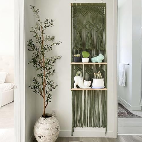 Flber Hanging Shelf Macrame Wall Hanging Green Boho Shelfs with Tassels 2 Tier Floating for Plants Bedroom Dorm Living Room Wall Decor Rustic Wooden Organizer(Wood) - color: Green1
