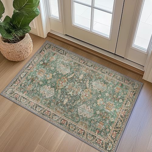 Bavni Entryway Rug, 2x3 Washable Rug Ultra-Thin Low Pile, Non-Slip Small Rugs Indoor for Front Door Entrance Bathroom, Vintage Print Carpet Soft Stain Resistance, Sage/Gold - color: Sage/Gold, size: 2' x 3' (Rectangular)
