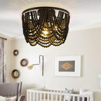 Black Boho Chandelier,Wood Beaded Chandelier Light Fixture, 12.6 inch Bohemia Draped Bead Flush Mount/Semi Flush Mount Ceiling Light Fixture for Dinning Room Bedroom Hallway - color: Black 12.6"