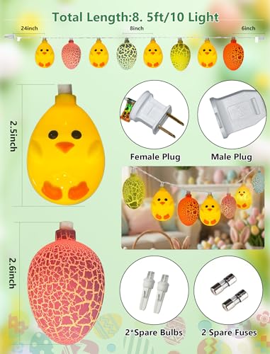 LED Easter Yellow Chicks Cracked Egg String Lights, 8.5Ft Plug in Eggs Lights Indoor Easter Decorations, 10 Multicolor Easter Fairy Lights for Outdoor Party Birthday Garden Spring Home Decor for Kids - color: Multicolor Egg Chick