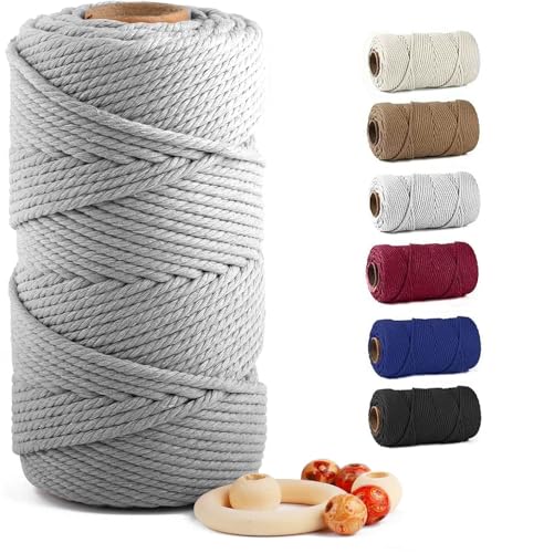 Macrame Cotton Cord 6mm x 109 Yards, ZUEXT 100% Natural Handmade Colorful 4 Strands Twisted Braided Cotton Rope for Wall Hanging Plant Hangers Gift Wrapping Tapestry DIY Crafts (100m, Light Grey) - color: Light Grey, style: 6mm x 100m