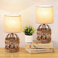 2 Pack Boho Rattan Table Lamps for Bedroom,Small Bedside Nightstand Lamp with Metal Cage Base Linen Shade,Farmhouse Coastal Rustic Living Room Bedroom Decor - size: 2 Pack