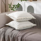 Set of 2 Striped Throw Pillow Covers 18x18 Inch, Boho Linen Blend Pillow Cases with Tassel Fringe, Black White Stripe Decorative Covers with Hidden Back Zipper for Couch Farmhouse Home Decor