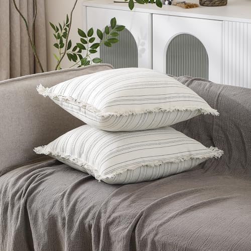 Set of 2 Striped Throw Pillow Covers 18x18 Inch, Boho Linen Blend Pillow Cases with Tassel Fringe, Black White Stripe Decorative Covers with Hidden Back Zipper for Couch Farmhouse Home Decor