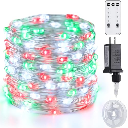 JMEXSUSS 200 LED Red White Green Fairy Lights Plug in, 8 Modes Christmas Fairy Lights Indoor Outdoor with Wheel, 66 ft Remote Control Twinkle Lights for Christmas - color: Red White Green, size: 66FT 200LED