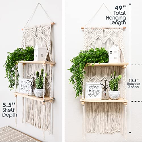 SnugLife 2 Tier Macrame Wall Hanging Shelf with Woven Rope - Boho Pine Wood Shelves for Plants, Bathroom, Kitchen - size: 2 Tier