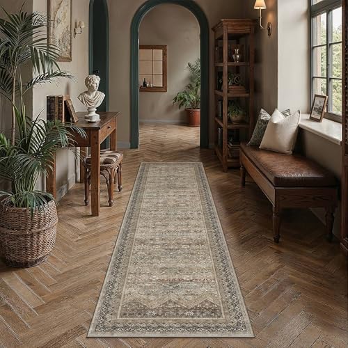 HUGEAR 2x8 Runner Rugs Retro Brown Washable Hallway Rug Vintage Boho Bedroom Rug No Shedding Soft Durable Low Pile Carpet Non Slip Indoor Dining Room Kitchen Home Decor Floor Mat - color: Taupe Brown, size: 2' x 8' (Runner)