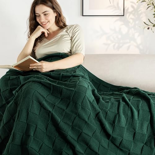 Whale Flotilla Checkered Knit Throw Blanket for Couch, Soft Decorative Knitted Blankets for Sofa Bed, Lightweight Cozy Throws for Spring Summer, 50x60 Inch, Dark Green - color: Dark Green, size: 50x60 Inch