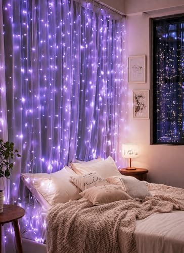 Brightown 300 LED Purple Fairy Curtain Lights, 9.8ft x 9.8ft String Lights, USB Plug in 8 Lighting Modes Christmas String Hanging Lights with Remote for Bedroom Indoor Outdoor Party Xmas Purple 1 Pack - color: Purple, size: 1 Pack-300 LED-USB Plug