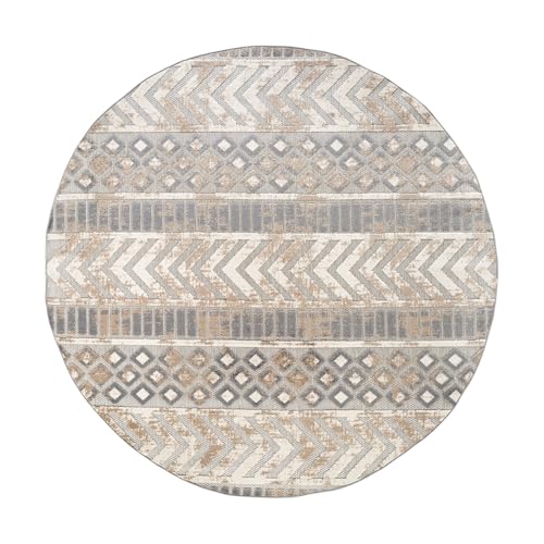 Rugshop Distressed Geometric Indoor/Outdoor Beige Round Area Rug Modern Tribal Stripe, Durable Stain Resistant Perfect for Patio, Backyard, Deck and Outdoor Lounge 8' Round - size: 7'10" x 7'10" (Rectangular)