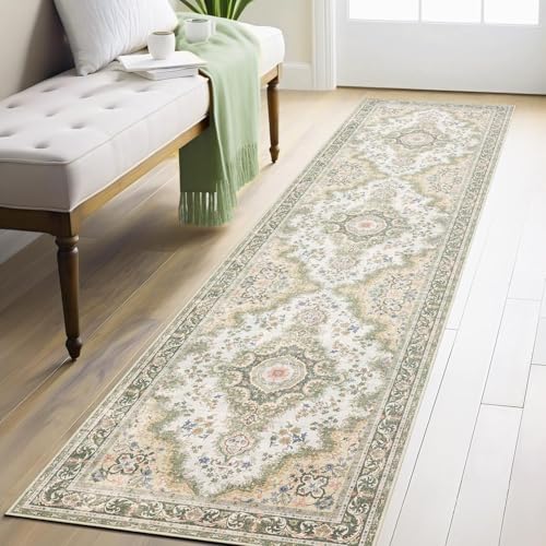 Washable Runner Rug 2'x8',Green Rug Runners Non Slip,Long Boho Rugs for Hallways Kitchen Bathroom Bedroom Entryway,Vintage Bohemian Distressed Floor Carpet,Sage Floral - color: Rug11-green, size: 2'x8'