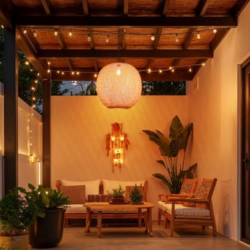 Arturesthome 1 Light Round Bamboo Pendant Lights, Wicker Chandelier Hand-Woven Boho Basket Lampshade Hanging Ceiling Light for Kitchen Island Living Room - size: 17.68″W x 14.9″H