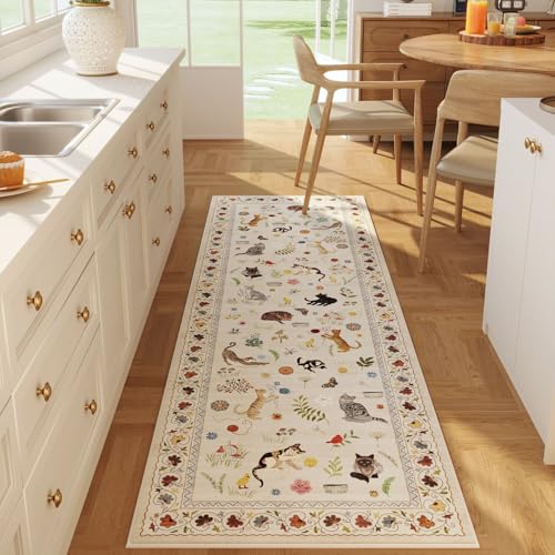 Rugcomf Runner Rug for Kitchen Non Slip 2'x6' Washable Rugs with Rubber Backing Soft Floral Animal Cat Carpet for Kitchen Laundry Bedroom Bathroom, Beige - color: Beige/Cat, size: 2' x 6' (Rectangular)