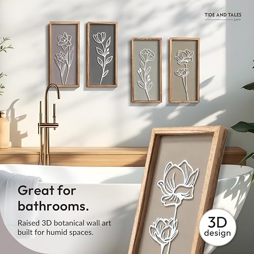 3D Wooden Floral Bathroom Wall Decor (Set of 4) Lightweight, Ready-to-Hang Framed Wall Art For Living Room, Bedroom, or Office - Premium Boho Botanical Farmhouse Decorations - Gift-Boxed - color: Naturals, size: 7" x 16"