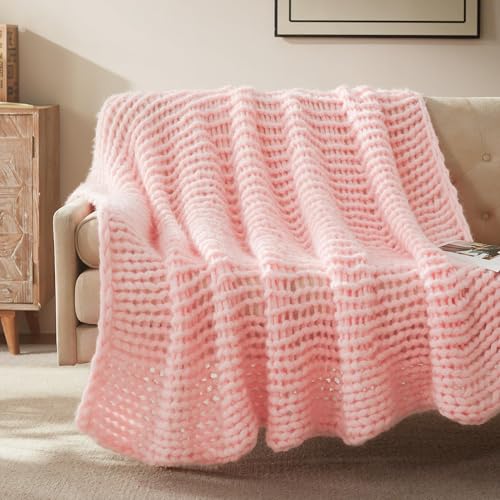 SLEEP ZONE Throw Blanket for Couch - Chunky Knit Hollow Blanket, Throw Blankets for Bed, Handmade Long Plush Cat Yarn, Soft Fluffy Knit Blankets Home Decor (Pink, 50x60in) - color: Pink, size: 50*60