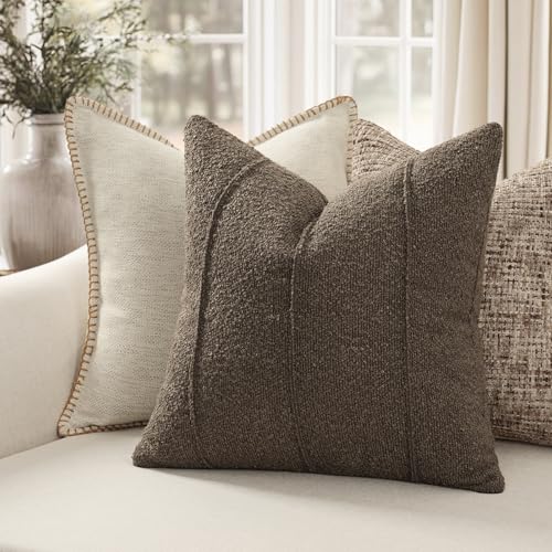 YCOLL Textured Boucle Throw Pillow Covers 12x20 Pack of 2 - Soft Neutral Striped Cushion Covers, Cozy Accent Decorative Pillow Covers for Couch, Sofa, Bed, Living Room (Brown) - color: Brown, size: 20" x 12" (Pack of 2)
