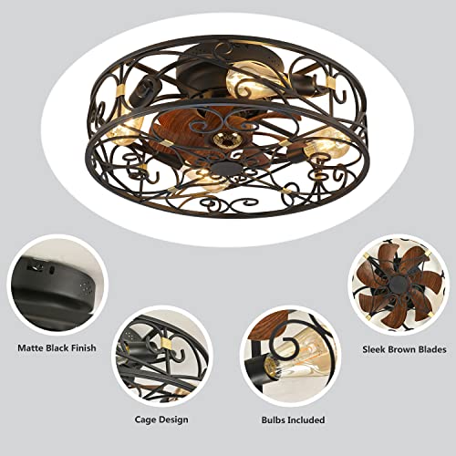 20" Caged Ceiling Fans with Lights and Remote, Bladeless Ceiling Fan 6 Speed Reversible with 4 Bulbs and Remote Control,Flush Mount Caged Ceiling Fan for Bedroom, Living Room, (Include Bulbs) - color: Black (with light bulb)