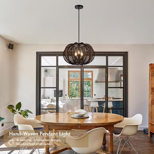 17.7 Inch Rattan Pendant Light Black Hemp Rope Rattan Light Fixture Woven Pendant Wicker Chandelier 3-Light Boho Chandelier for Foyer - color: 17.7" Black