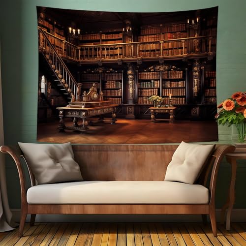 Medieval Bookshelf Tapestry Vintage Library Bookcase Tapestry Wall Hanging Victorian Office Zoom Video Backdrop Old Books for Study Room Bedroom Living Room Decor 78.7"x59.1" - color: H, size: 59.1"L x 78.7"W
