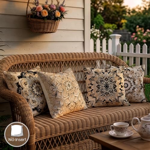 OBSEDE Black Beige Mandala Decorative Throw Pillow Covers 18x18 Set of 4 Faux Linen Cushion Cases Single-Sided Print Boho Geometric Accent Pillows for Living Room Sofa - color: Black Beige Mandala