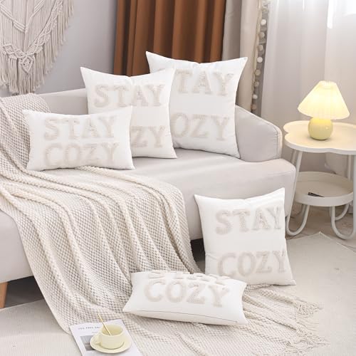LUOYEHK Embroidered Stay Cozy Pillow Covers 12x20 Inch Decorative Throw Pillow Covers White Lumbar Pillow Cases Natural Farmhouse Cushion Covers for Couch Bed Living Room Home Spring Decor (1 Piece) - color: Stay Cozy, size: 20" x 12" (Pack of 1)