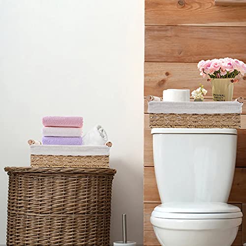 Round Paper Rope Storage Basket, Wicker Baskets for Organizing with Handle, Decorative Bins for Countertop, Toilet Paper Basket for Toilet Tank Top, Small Baskets Set (Set of 2,Beige) - color: Beige