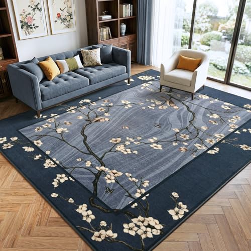 4x6 Area Rug for Living Room, Oriental Floral Birds Washable Rugs for Bedroom, Soft Low Pile Non Slip Carpet for Dining Room Kids Room Nursery Office Home Decor, Blue - color: Blue, size: 4' x 6' (Rectangular)