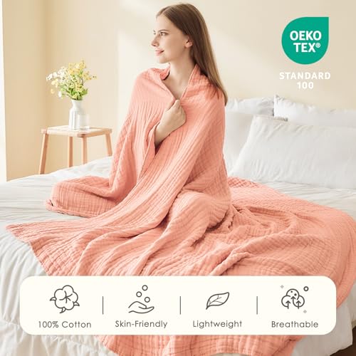 EMME Cotton Throw Blanket for Couch Soft Muslin Blankets 50"x60" Lightweight Breathable Blanket All Season Gauze Blanket, Pink - color: Pink, size: Throw (50" X 60")