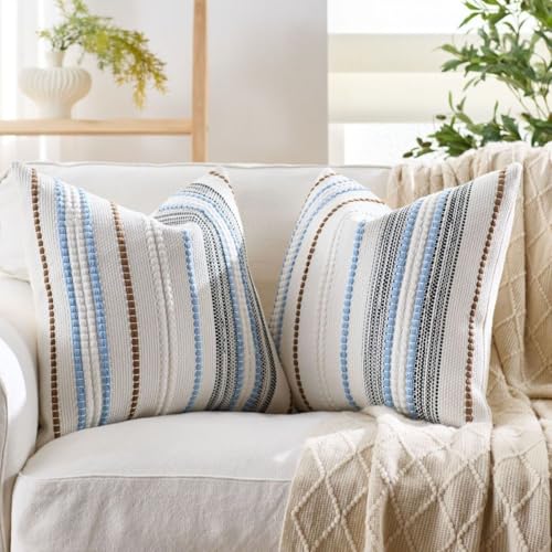 Pack of 2 Boho Throw Pillow Covers,Blue Brown White Striped Farmhouse Decorative Square Textured Woven Pillowcase for Sofa Couch Bed Living Room Decor,18x18 Inch