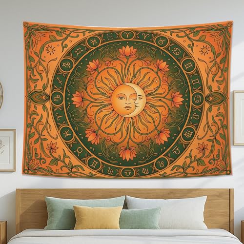 Water Lily and Sun Orange Green Tapestry, Floral Mandala Bohemian Decorative Wall Hanging, Aesthetic Tapestries for Living Room, Bedroom, Meditation 80x60 Inch - size: 80x60 Inch