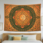 Water Lily and Sun Orange Green Tapestry, Floral Mandala Bohemian Decorative Wall Hanging, Aesthetic Tapestries for Living Room, Bedroom, Meditation 80x60 Inch - size: 80x60 Inch