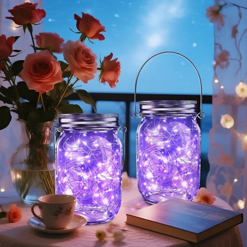 Mason Jar Solar Lights 30 LED Outdoor Solar Firefly Lights,Solar Fairy Lids Lights（No Jars）,Waterproof Lantern Mason String Solar Lights with Hangers for Regular Mouth Jars (12pack-Purple) - color: 12pack-Purple