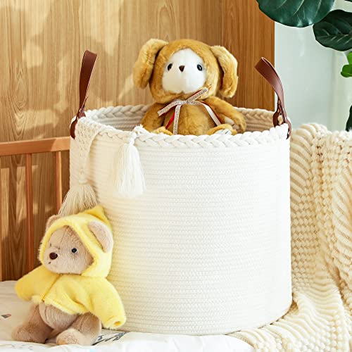 KAKAMAY Large Blanket Basket (18"x16"),Woven Baby Laundry Hamper,Cotton Rope Blanket Basket for Nursery, Laundry, Living Room, Pillows, Baby Toy chest with Leather Handles (White) - color: White