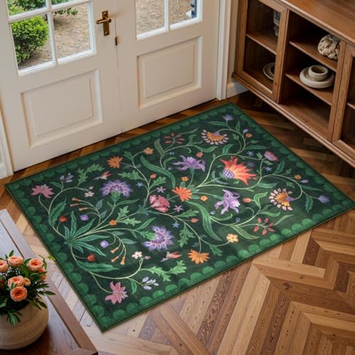 Lahome Boho Floral 2x3 Green Kitchen Rugs for Entryway, Washable Door Mat Indoor Entrance, Small Soft Non-Slip Indoor Carpet Throw Rugs for Bathroom Laundry(Forest Green,2x3) - color: Forest Green, size: 2' x 3' (Rectangular)