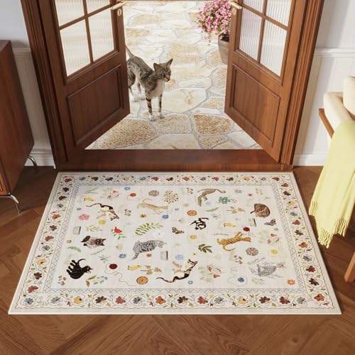 Rugcomf Door Mat Indoor Entrance 2x3 Rug Machine Washable Boho Floral Animal Cat Small Area Rug Non-Slip Low Pile Throw Rugs for Entryway Kitchen Front Door Indoor Entrance Entry Kids Room, Beige - color: Beige/Cat, size: 2' x 3' (Rectangular)