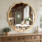 Circle Wood Mirrors for Wall, Wavy Round Bathroom Scalloped Mirror Wooden Frame 30 Inch for Living Room Farmhouse Bedroom Hallway Entryway Living Room with Shatterproof Glass Wall Mounted - size: 30"L x 30"W