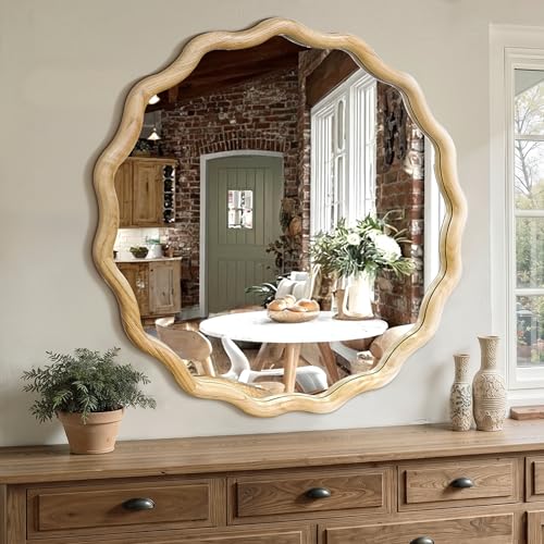Circle Wood Mirrors for Wall, Wavy Round Bathroom Scalloped Mirror Wooden Frame 30 Inch for Living Room Farmhouse Bedroom Hallway Entryway Living Room with Shatterproof Glass Wall Mounted - size: 30"L x 30"W