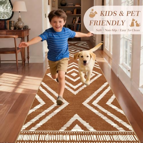 Boho Runner Rugs for Hallway 2.6x12ft Non Slip, Long Brown Washable Farmhouse Kitchen Rug Runners Non Shedding, Moroccan Floor Carpets for Doorway Entryway Living Room Home Decor - color: Brown, size: 2'8" x 12' (Rectangular)