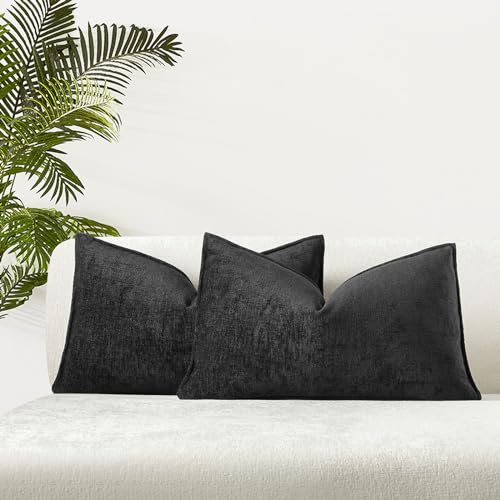 JUSPURBET Black 12x20 Throw Pillow Covers Set of 2 Decorative Pillow Covers for Couch Sofa Bed Cozy Chenille Lumbar Cushion Covers Cases with Invisible Zipper for Living Room Home Decor - color: Black, size: 20" x 12" (Pack of 2)